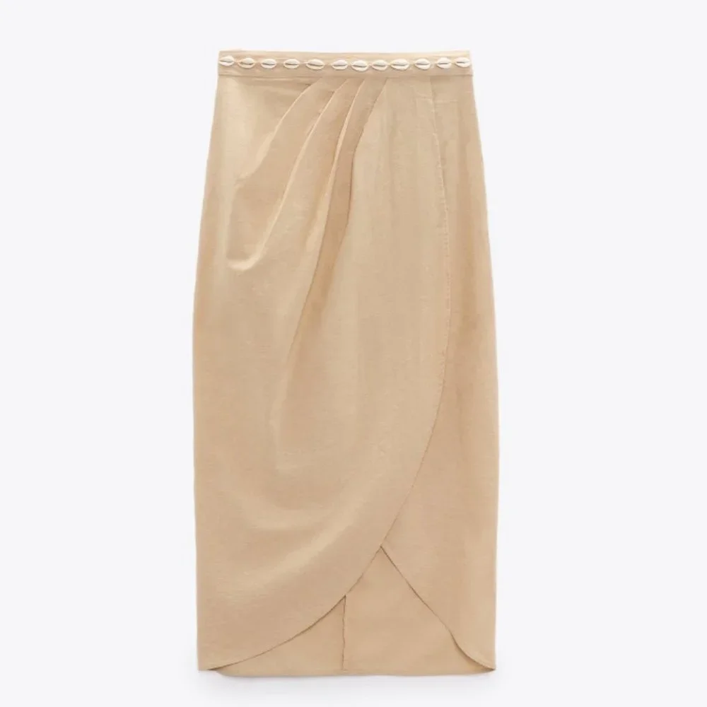 ZARA RUSTIC LINEN BLEND SHELL ACCENT WAISTLINE WRAP MIDI SKIRT $79.90